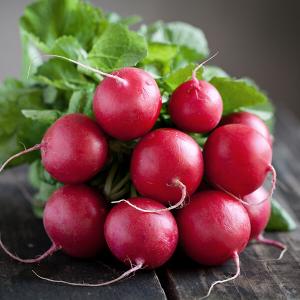 Ein Bund Radieschen auf einem Holztisch